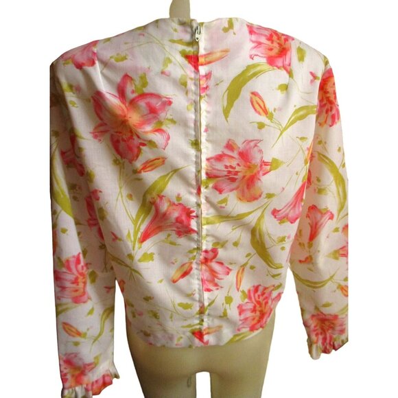 M True Vintage Floral Print Long Sleeve Blouse With Back Zipper & Ruffled Cuffs - Picture 5 of 5